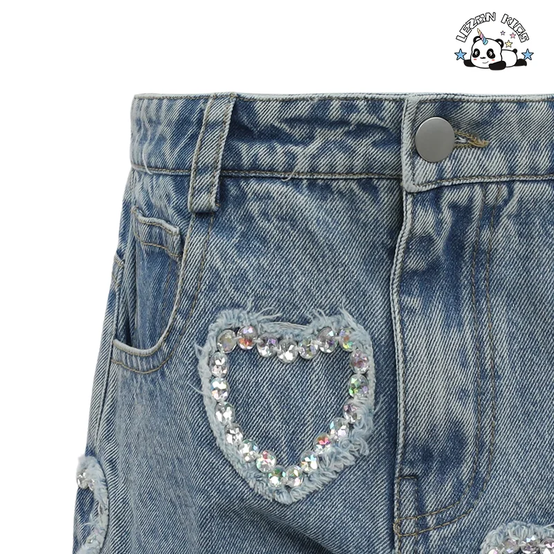 LEZONKIDS - Women's Cotton Denim Shorts Acid Wash Appliqued Distressed Design Raw Hem Y2K Vintage Style Baggy Fit Summer Casual Wear